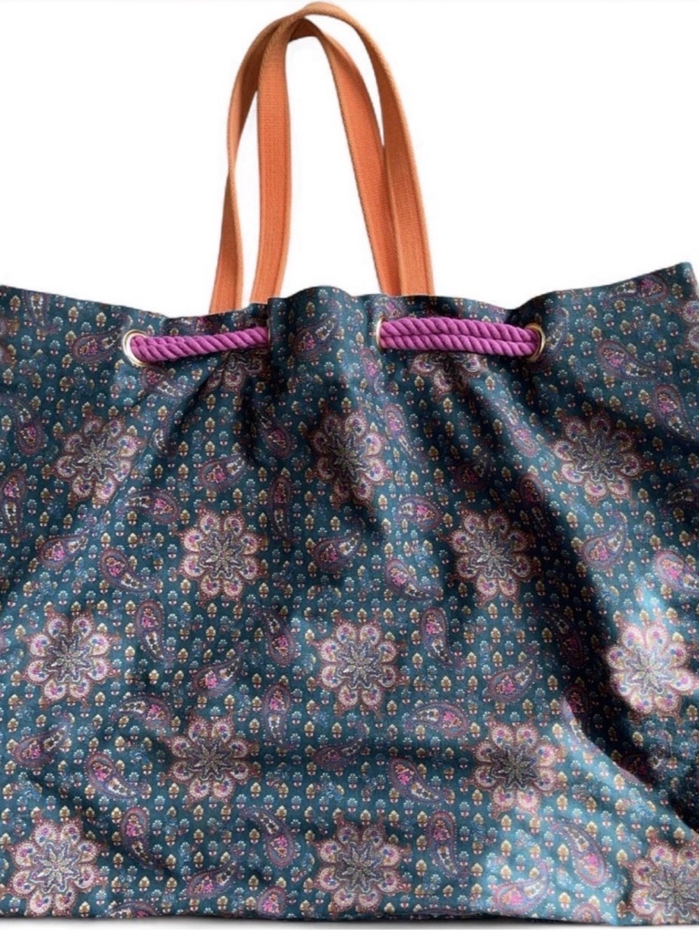 Marc Jacobs XL Boho Paisley Tote Bag with Purple Rope & Orange Handles EUC - Picture 13 of 15